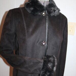 COLDWATER CREEK Coat Jacket Black Faux Suede/Faux Shearling Fur Vegan PS Sherpa